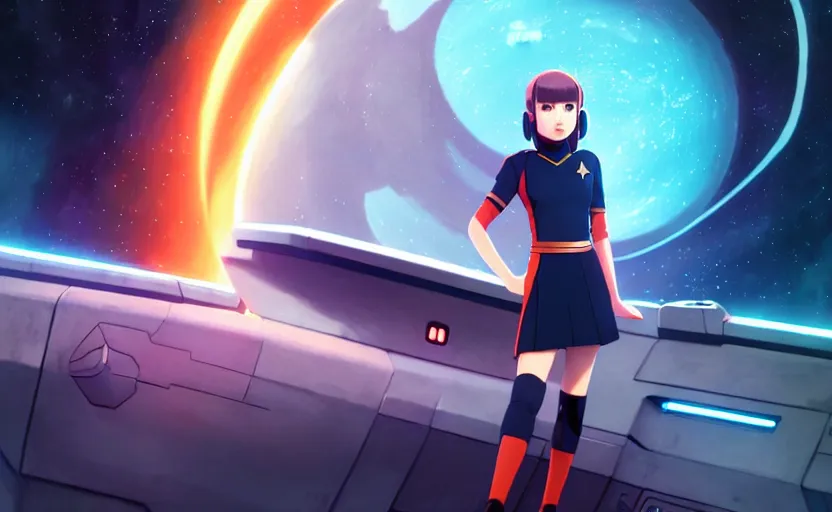 Prompt: portrait of star trek cute commander girl, empty interior bridge of federation ship as background, illustration concept art anime key visual trending pixiv fanbox by wlop and greg rutkowski and makoto shinkai and studio ghibli and kyoto animation, the next generation vibe, federation clothing, orange retro lcd screens, 4 k