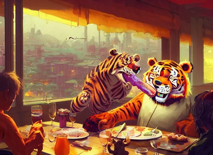 Prompt: tony the tiger eating a juicy steak while people watch - art, by wlop, james jean, victo ngai! muted colors, highly detailed, fantasy art by craig mullins, thomas kinkade cfg _ scale 8