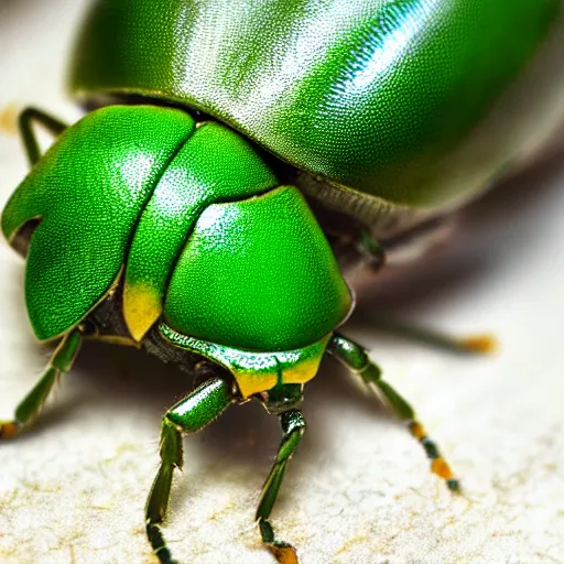 Prompt: green beetle and snail, photorealistic, close - up