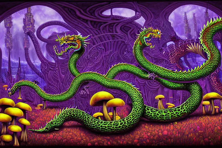 Prompt: a detailed digital art painting of a cyberpunk magick oni dragon with occult futuristic effigy of a beautiful field of mushrooms that is a adorable leopard atomic latent snakes in between ferret biomorphic molecular psychedelic hallucinations in the style of escher, alex grey, stephen gammell inspired by realism, symbolism, magical realism and dark fantasy, crisp