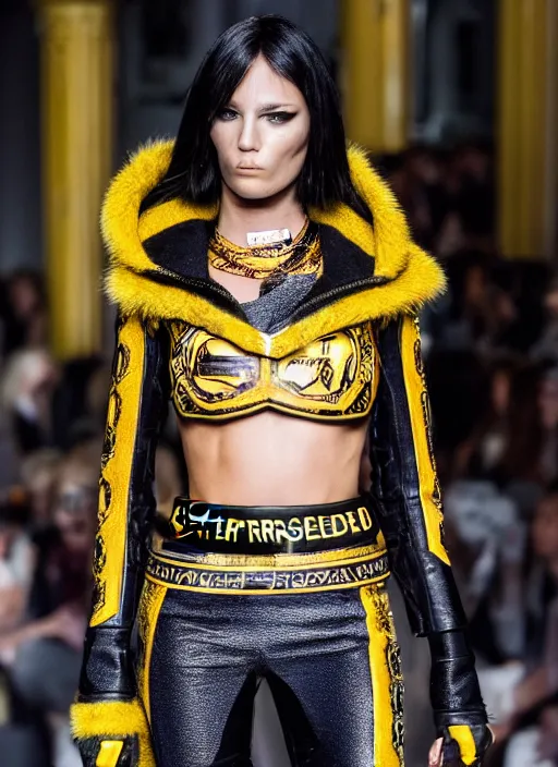 Image similar to hyperrealistic and heavy detailed versace runway show of judge dredd, leica sl 2 5 0 mm, vivid color, high quality, high textured, real life