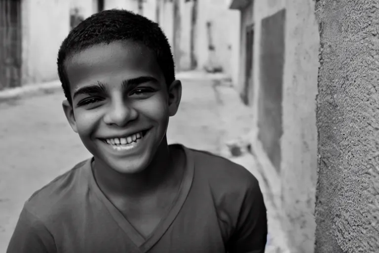 Image similar to still photo of a cuban teenage boy smiling at the camera on the street, black and white color aesthetic, highly detailed, photorealistic portrait, bright studio setting, studio lighting, crisp quality and light reflections, unreal engine 5 quality render