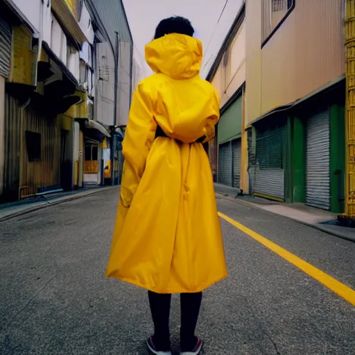 Prompt: girl wearing massive yellow raincoat, face obscured by cowl, smug grin, grin, yellow raincoat, cel - shading, 2 0 0 1 anime, flcl, jet set radio future, golden hour, japanese town, concentrated buildings, japanese neighborhood, electrical wires, cel - shaded, strong shadows, vivid hues, y 2 k aesthetic