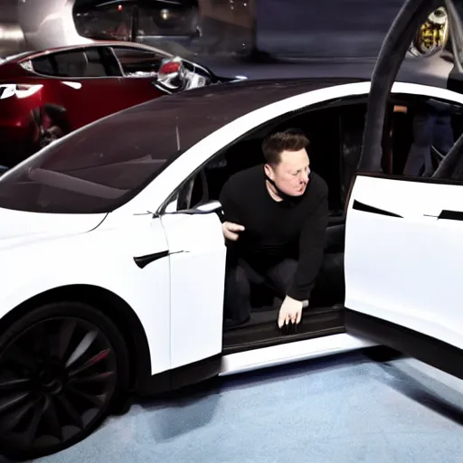 Image similar to elon musk getting shocked by his own Tesla car,