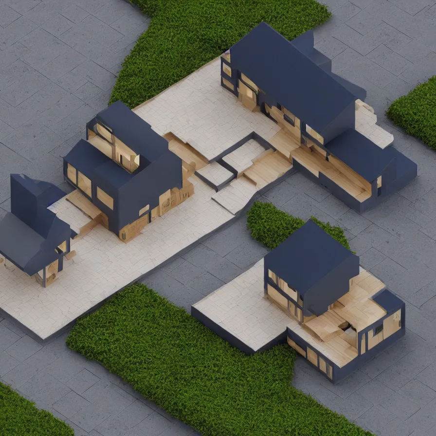 Prompt: architectural model, isometric view, 3 d render, studio lighting, wood and paper, low contrast, dark background, highly detailed, house, courtyard, tree, blue, mvrdv