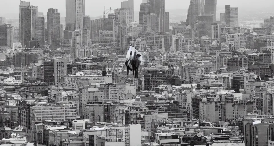 Prompt: horse standing over a city