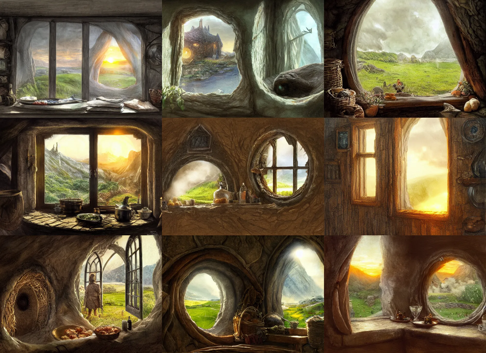 Prompt: the view from inside a hobbit hole looking out a window, by alan lee, sunset, windowsill loaded with steaming food, window glass reflecting, intricate, highly detailed, digital painting, artstation, concept art, smooth, sharp focus, illustration, vfx