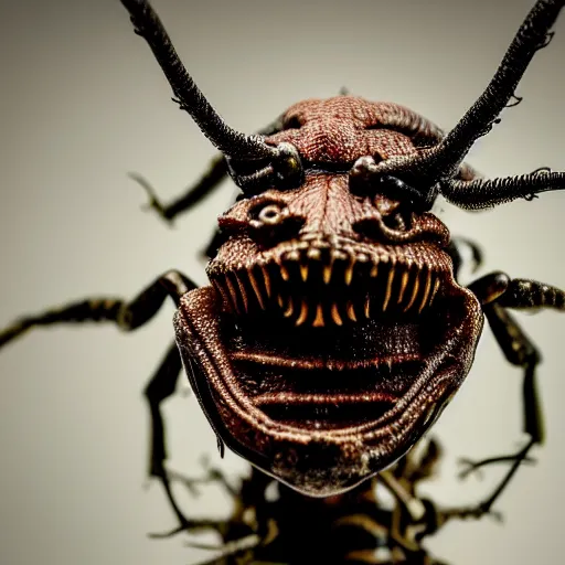 Image similar to photo taken of an epic intricate, ultra detailed, super realistic gritty, wet, slimy, lifelike sculpture of a nightmarish hellish humanoid faced insectoid creature created by weta workshop, menacing, some zoomed in shots, photorealistic, sharp focus, white wall, extremely cold blueish colour temperature, 3 5 mm, f 1. 4, golden ratio