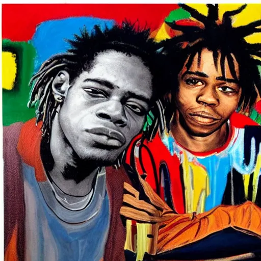 Prompt: photo of basquiat and kurt cobain in a high end studio, photorealistic,