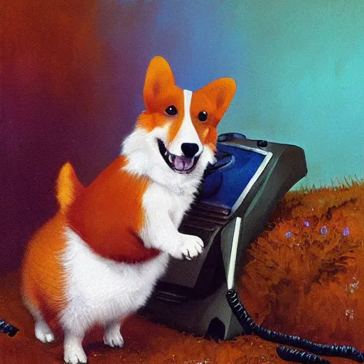 Prompt: corgi dog with a old telephone in his ear by paul lehr and bruce penningtonn