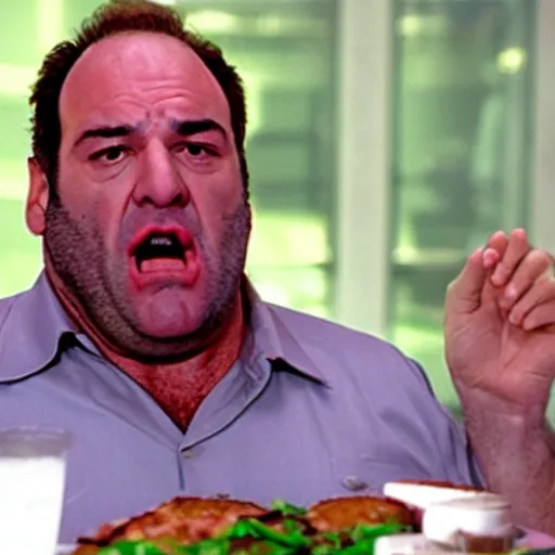 Image similar to james gandolfini angry while eating gabagool, 8 k, high definition, highly detailed, photo - realistic