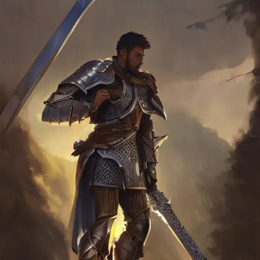 Prompt: 'A human male paladin in chainmail is resting on his knee with a greatsword in his hand, art by Greg Rutkowski, 4k'