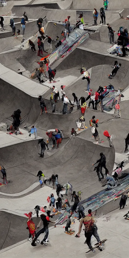 Prompt: oil painting scene skatepark with skaters and ramp by kim jung gi