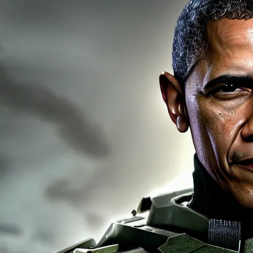 Prompt: a highly detailed photograph of barak obama as master chief, photorealistic, 4 k, wallpaper, lifelike, highly detailed, movie scene