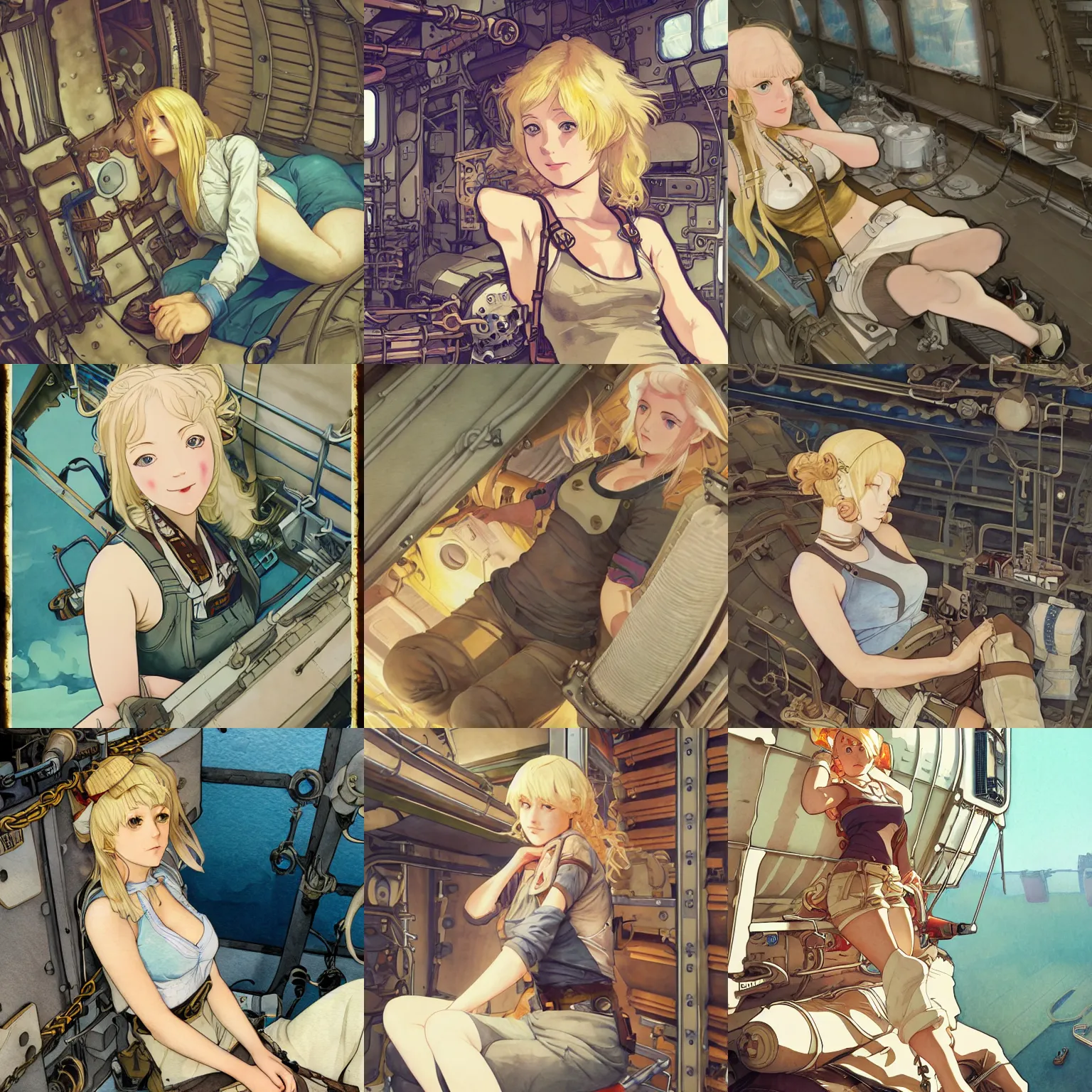 Prompt: Character portrait of a tank top-clad blonde female airship mechanic resting in her cramped bunk, steampunk, highly detailed, artstation, Japanese watercolor, concept art, by Kyoto Animation and Studio Ghibli, by Ilya Kuvshinov and Alphonse Mucha