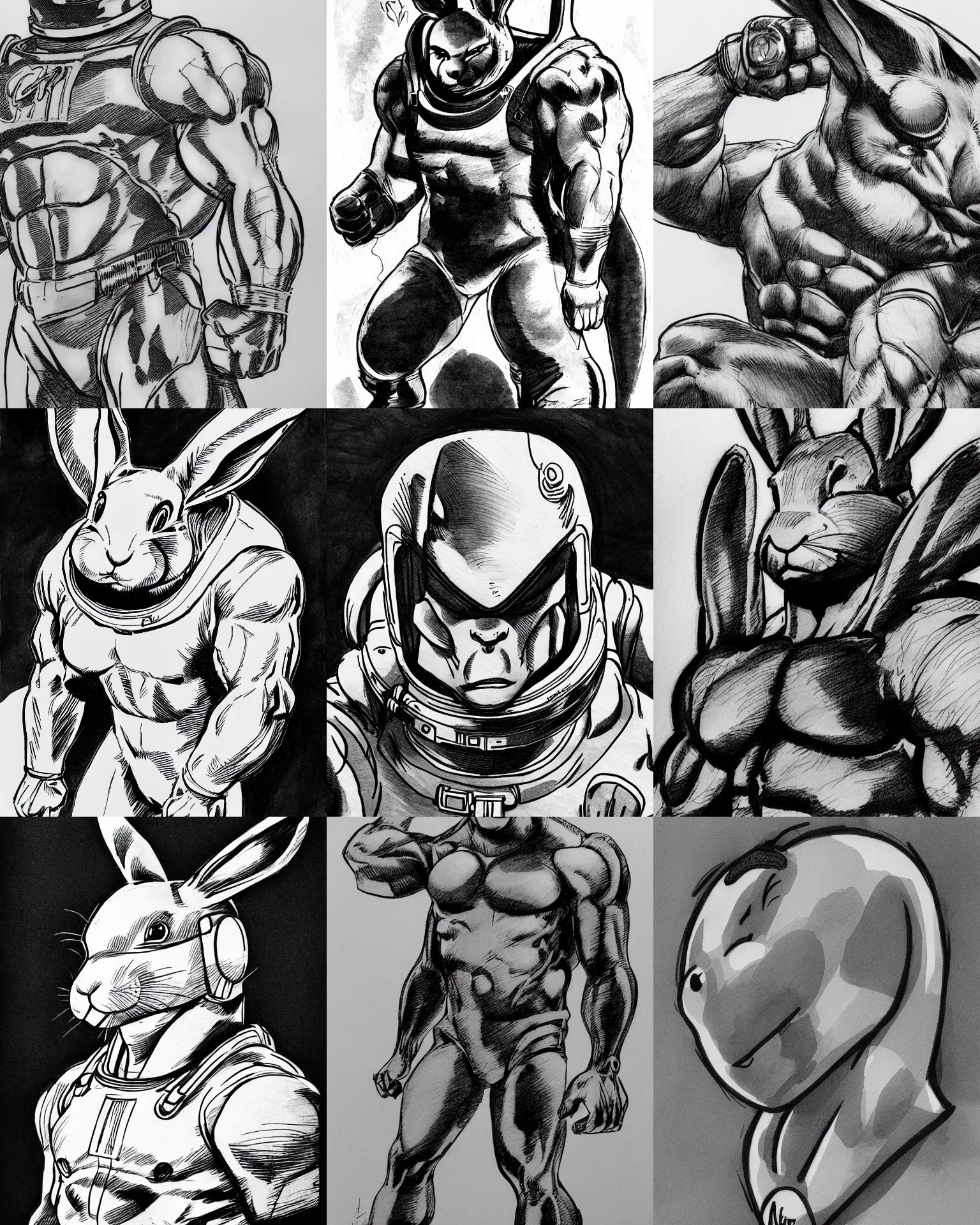 Prompt: rabbit!!! jim lee!!! medium shot!! flat grayscale ink sketch by jim lee close up in the style of jim lee, depressed dramatic bicep pose, astronaut spacesuit helmet astronaut hulk rabbit animal astronaut by jim lee