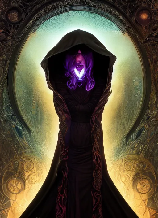 Image similar to book cover, front portrait, dark witch with black hood and evil eyes, realism, soft, smooth, luminescent, art nouveau tarot, backlit glow, colorful swirly ripples, gaudy colors, aesthetic octane render, unreal engine, 8 k, by artgerm, greg rutkowski, alphonse mucha