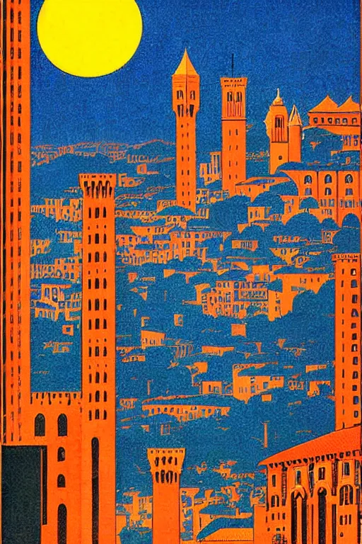 Image similar to resplendent art deco print of Florence, Italy by Hasui Kawase and Lyonel Feininger