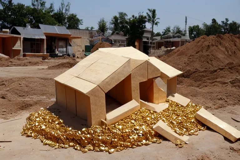 Image similar to a house, under construction, made of dollars, with piles of gold around it