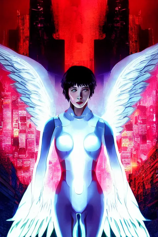 Image similar to white arc-angel with mystic robotic wings, blade runner, akira, ghost in the shell, 2077, ultra detailed, digital art, 8k ,character ,realistic, portrait, hyperrealistic