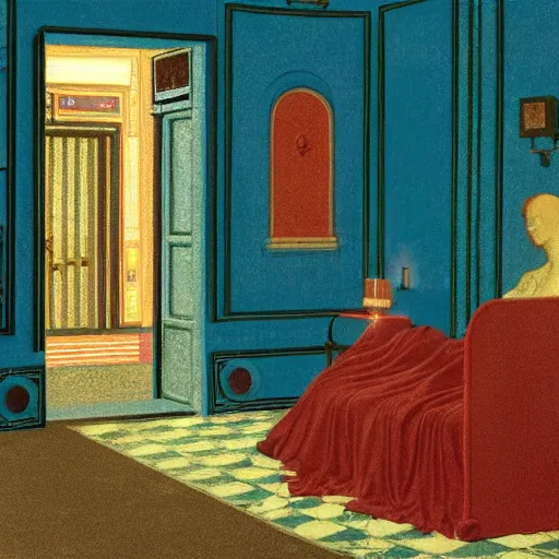 Image similar to a goddess in a liminal room, film still by wes anderson, depicted by leon battista alberti, limited color palette, very intricate, art nouveau, highly detailed, lights by hopper, soft pastel colors, minimalist