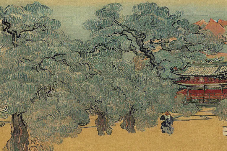 Prompt: japanese scenery in edo period, by vincent van gogh