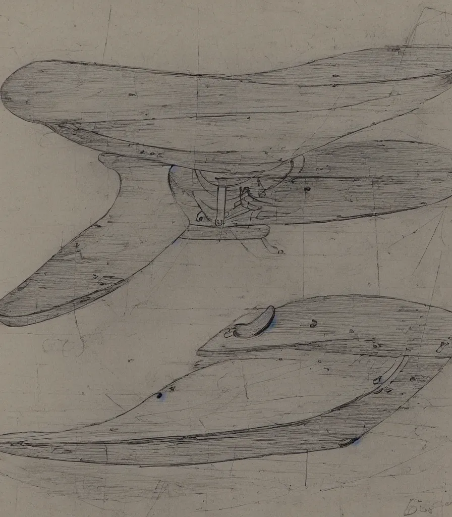 Image similar to blueprint sketch of a beautiful surfboard painted by leonardo da vinci, technical sketch, high detail, charocal drawing, firewire gofish