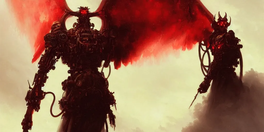 Prompt: profile of an angry mechanical steampunk cyborg devil red skin satan horns with white! angel wings flames and fire concept art greg rutkowski ivan aivazovsky