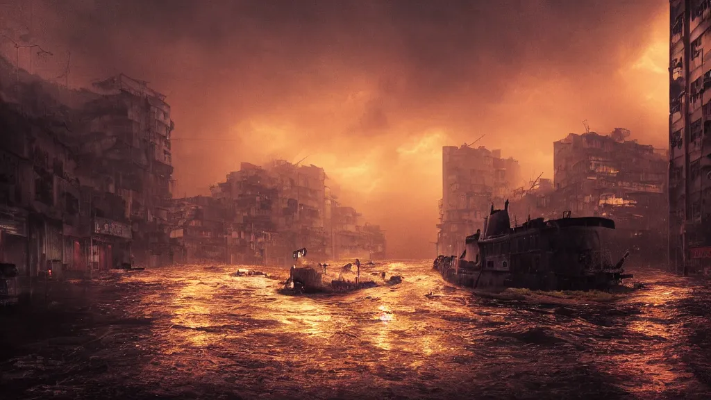 Image similar to dramatic Photorealistic, Matte Painting of a tug boat with bright head lights exploring post apocalyptic flooded ruined Hong Kong city street,Sunset,dark Tall empty buildings,Dark stormy waters by Greg Rutkowski,Craig Mullins,Hyperrealism,Beautiful dramatic moody lighting,Cinematic Atmosphere,Volumetric light rays,VRay Rendering,8K