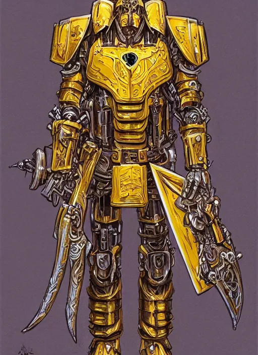 Image similar to dynamic portrait of a intricate glorious holy mechanical warforged character in yellow armor holding a paladin engraved great longsword and carrying a big paladin shield, spotlight from face , epic , trending on ArtStation, cinematic lighting, by Jesper Ejsing and by Philippe Druillet