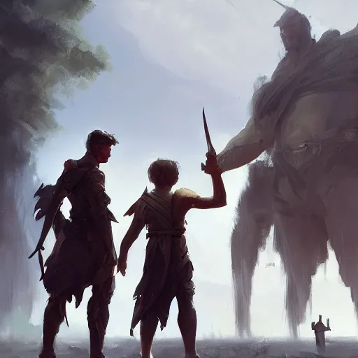 Prompt: Young David with his sling in front of the giant Philistine paladin Goliath , Greg rutkowski, Trending artstation, cinematographic, digital Art