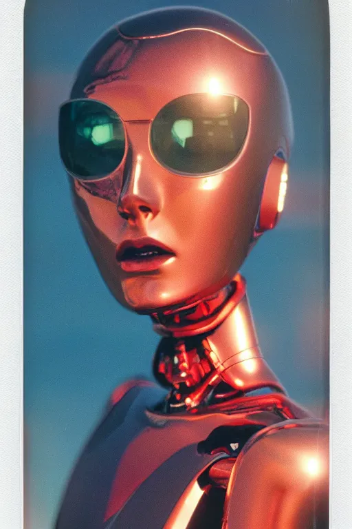 Prompt: analog polaroid portrait of an attractive chrome female robot looking at the camera, beautiful, Hajime Sorayama, sheen, red reflections, unreal engine, azure sky, big clouds visible, sunlight, reflection, sparkles, lensflare, film grain, depth of field, color bleed