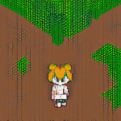 Prompt: pixel art drawing, isometric view, 3 2 - bit, from touhou, a chibi girl, brown jacket with long sleeves, pigtails hair, green eyes, grey background, volumetric lighting, fantasy, 4 k, intricate, hyper realistic, by greg rutkowski, blizzard warcraft, backlit