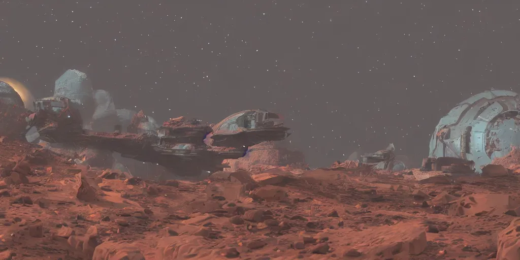 Image similar to crashed space freighter rocky terrain smoking barren wastes