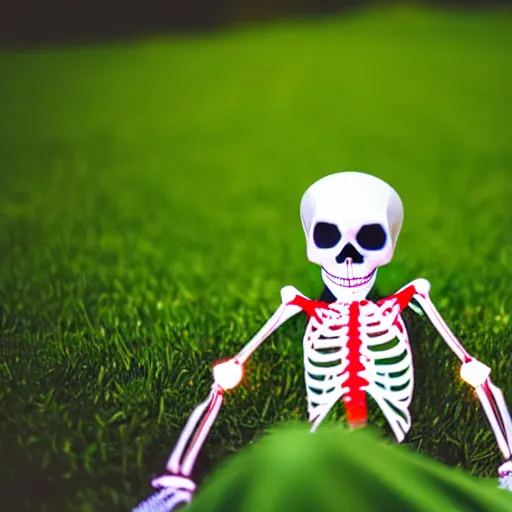Prompt: white skeleton with glowing red eyes, sitting on green grass