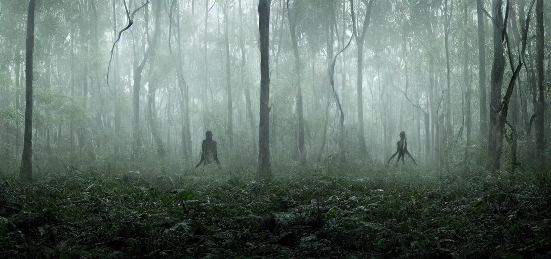 Prompt: a complex organic fractal 3 d ceramic humanoid megastructure in a lush forest swamp, foggy, cinematic shot, photo still from movie by denis villeneuve