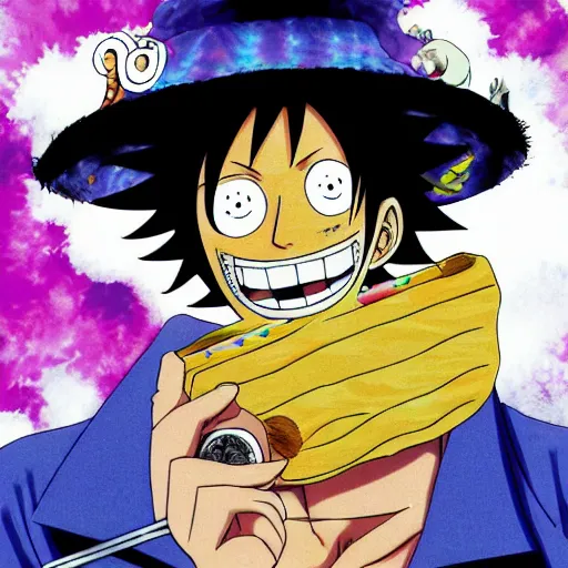 Image similar to One Piece Anime key visual of a large man with blonde hair, blue eyes and a bushy beard, wearing a tie dye t-shirt and a straw hat while smoking a pipe in the style of Eiichiro Oda