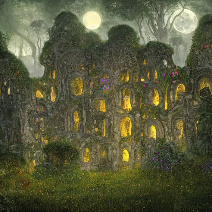 Image similar to ancient overgrown! ruins lit by moonlight!, twilight, medieval gates, runestones, beautiful lanters, mysetrious etherial mesmerizing runic!! cat eyes, magical elven geometry, concept art by gustav klimt!, deviantart contest winner, environmental art, high detail, intricate masterpiece