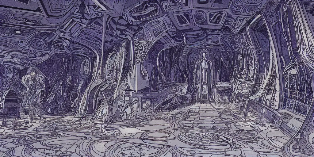 Image similar to cinematic shot of the interior of a crystalline sci-fi spaceship made with ornate elven architecture and highly advanced technology, extremely detailed, intricate linework, style of Jean Giraud Moebius comic art