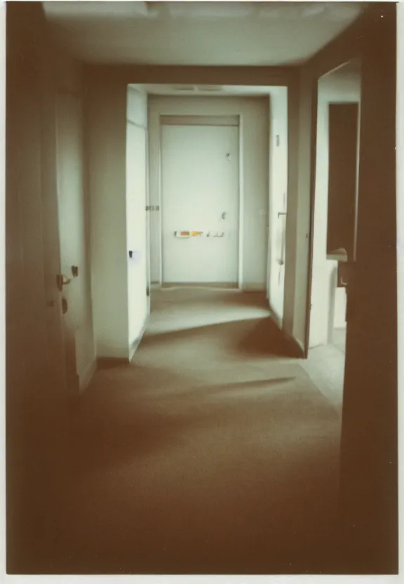 Image similar to a Polaroid photo of an ominous endless space of empty connecting rooms with vanilla colored wallpaper and brown carpet, no windows