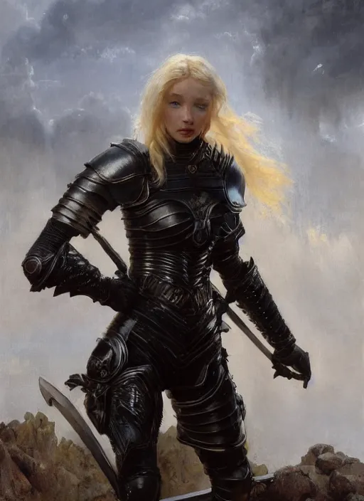 Image similar to blonde short haired muscular woman wearing medieval black armour, detailed by gaston bussiere, bayard wu, greg rutkowski, giger, maxim verehin, greg rutkowski, masterpiece, sharp focus, cinematic lightning