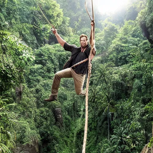 Image similar to Chris Pratt playing India Jones, crossing a rope bridge across a huge chasm in the jungle, machete in hand