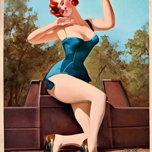 Image similar to full body pin up post war dressing a military unioform,with a park in the back ground, water color, Gil Elvgren style