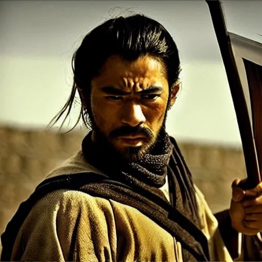 Image similar to handsome and strong! kurdish! samurai in a movie directed by christopher nolan, movie still frame, promotional image, imax 7 0 mm footage, perfect symmetrical facial features