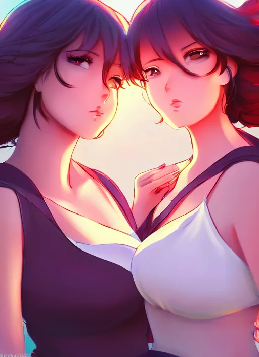 Image similar to two beautiful mothers outside on a hot summer evening, gorgeous faces, thick lines, cinematic lighting, detailed anime art