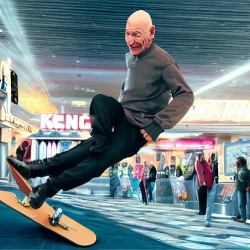 Image similar to kenny g doing a kickflip over patrick stewart at dave & busters, epic, cinematic, realism, ultra detailed, 8 k