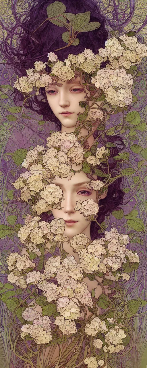 Image similar to tarot art nouveau painting of a hydrangea flower, ultradetail, art and illustration by tian zi and craig mullins and Ayami Kojima and WLOP and alphonse mucha, fantasy, intricate complexity, watermark, blurry, hyperrealism 8k