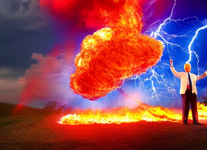 Image similar to burning donald trump casting fireballs, colorful hd picure, lightning in the background