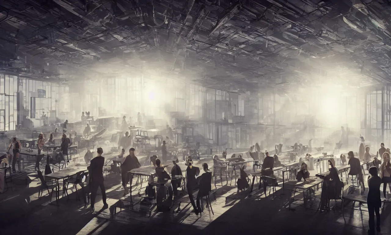 Image similar to cinematic concept, located in empty industrial warehouse with sunlight streaming through the windows, a large table in the middle of the frame that takes up a lot of space, a group of people standing around the table, on top of the table is a large hologram of a city futuristic city, some people are wearing virtual reality headsets in the foreground