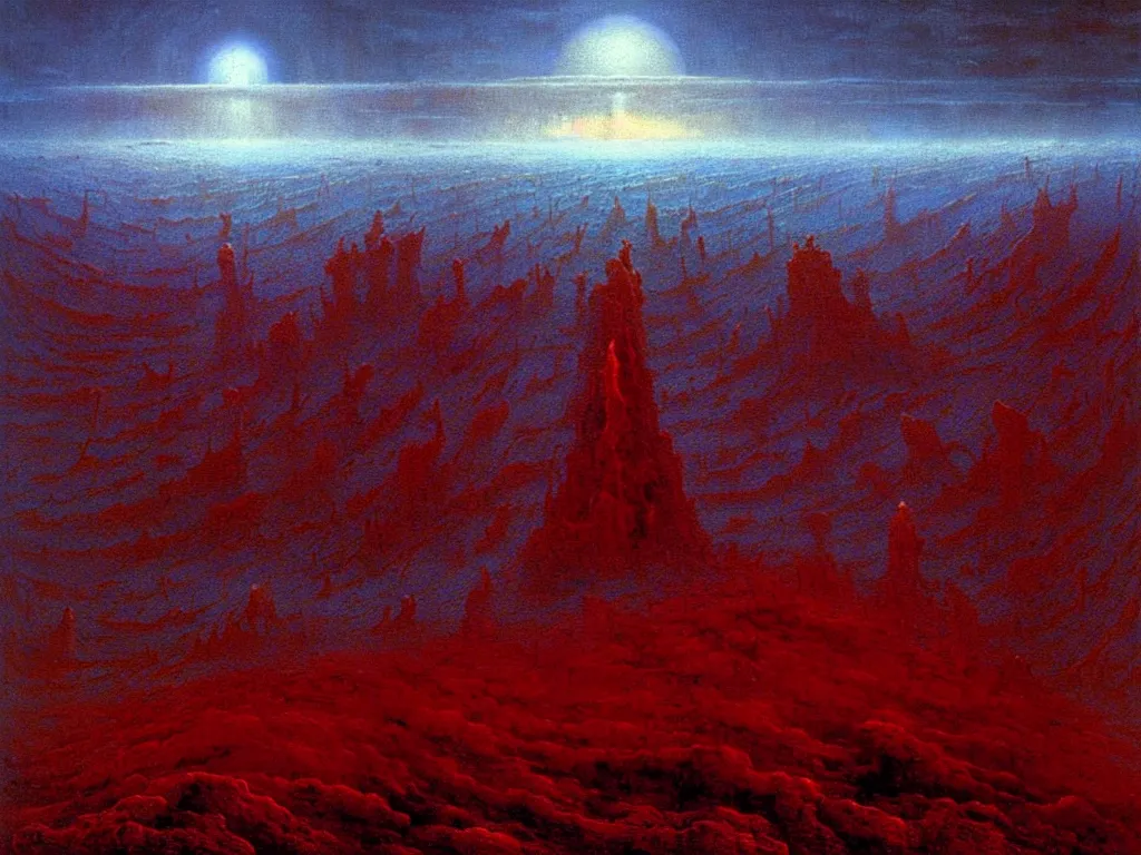 Prompt: an epic landscape painting of a nightmarish hellscape full of cosmic horrors, by zdzisław beksinski and greg rutkowski, horror, surreal, dark, vivid, red, blue, oil on canvas, epic, dramatic, cinematic